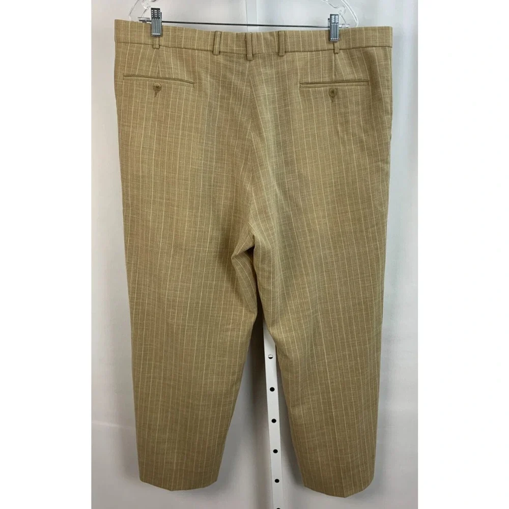 Maus & Hoffman 42 x 27 Tan Cream Pinstripe Pants Pleated Trousers LINEN MENS